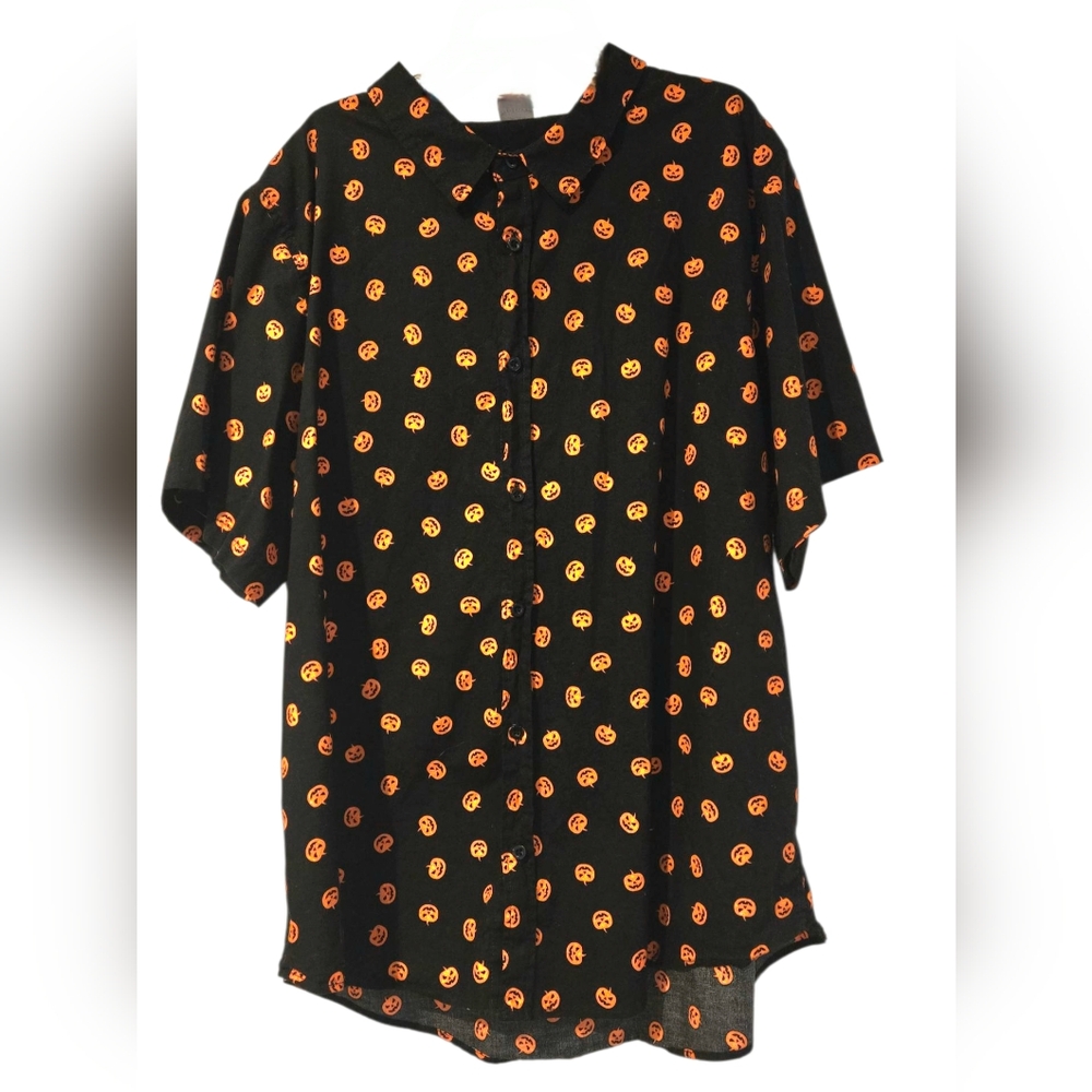Spirit Halloween Black Pumpkin Print Button Down Shirt Cotton Unisex Size XXL